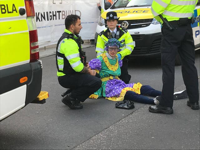 <p>A protestor in fancy dress surrounded by police officers</p>