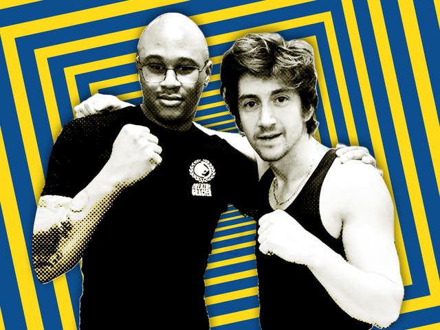 <p>Muay Thai coach Algernon Lanier with Arctic Monkeys’ Alex Turner </p>