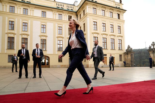 <p>Liz Truss arrives for a meeting of the European Political Community at Prague Castle in Prague</p>
