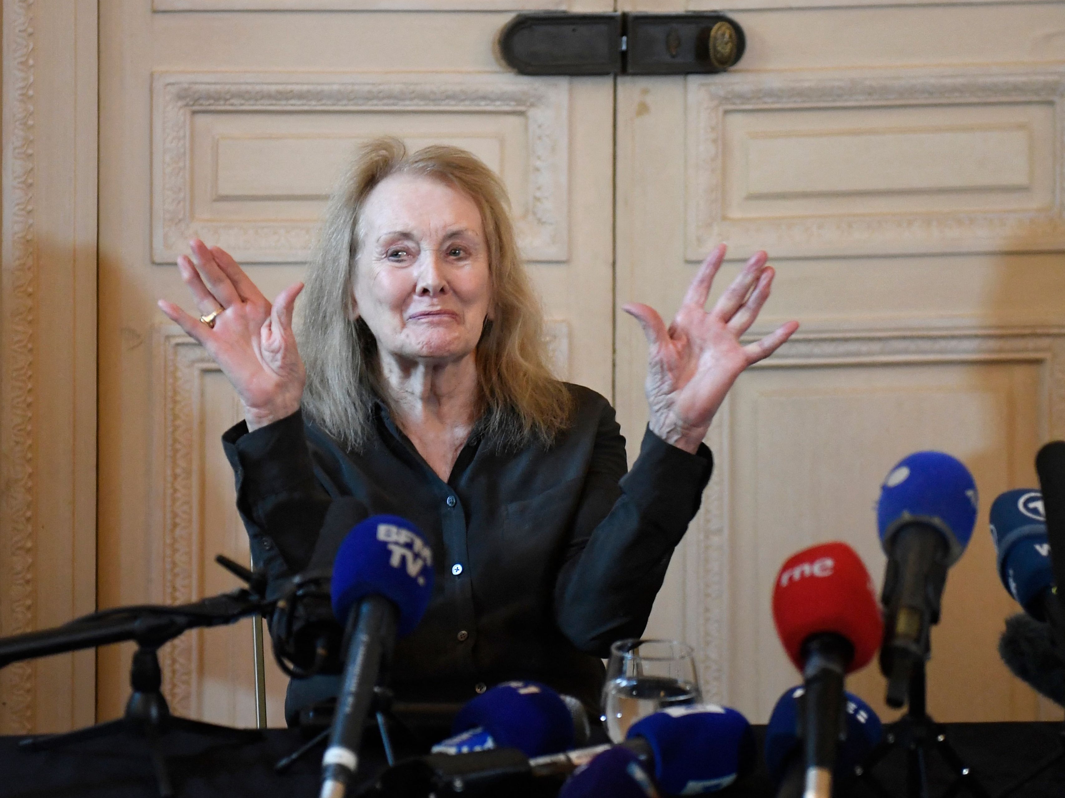 <p>Annie Ernaux reacts during a press conference after she won the 2022 Nobel Literature Prize, at the Gallimard headquarters in Paris on 6 October 2022</p>