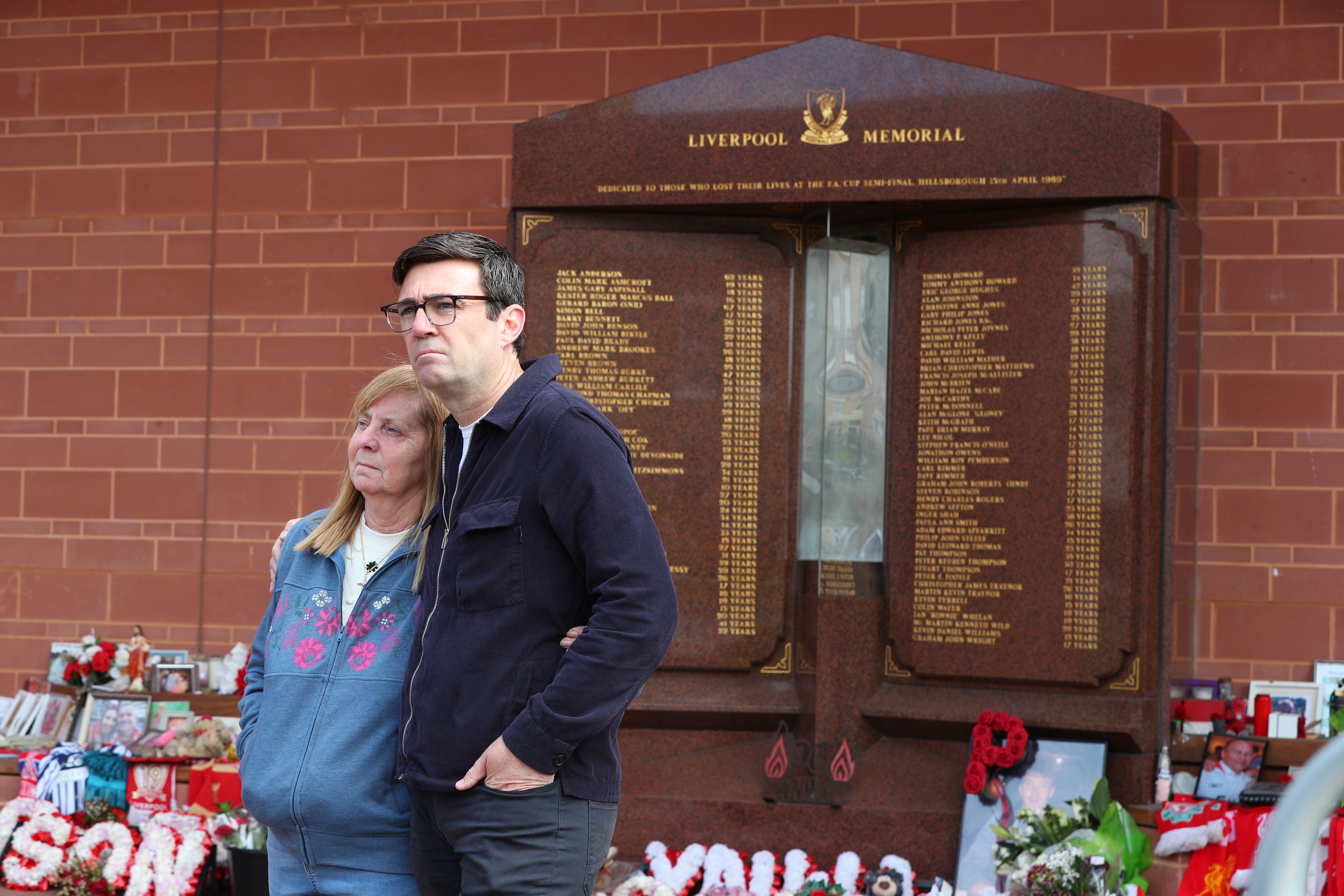 Hillsborough campaigner Margaret Aspinall, and Andy Burnham, mayor of Greater Manchester, outside Anfield stadium at the Hillsborough memorial (Peter Byrne/PA)