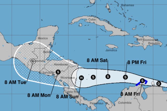 <p>The path of Potential Tropical Cyclone Thirteen, as of Thursday</p>