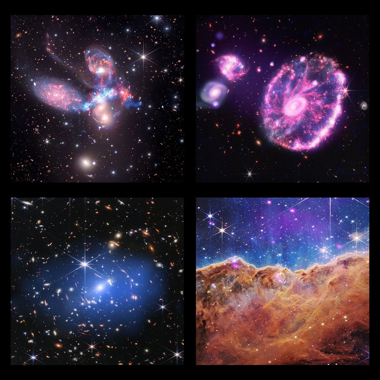 Four images taken by the James Webb Space Telescope have been enhanced by combining them with images taken by the Chandra X-ray Observatory