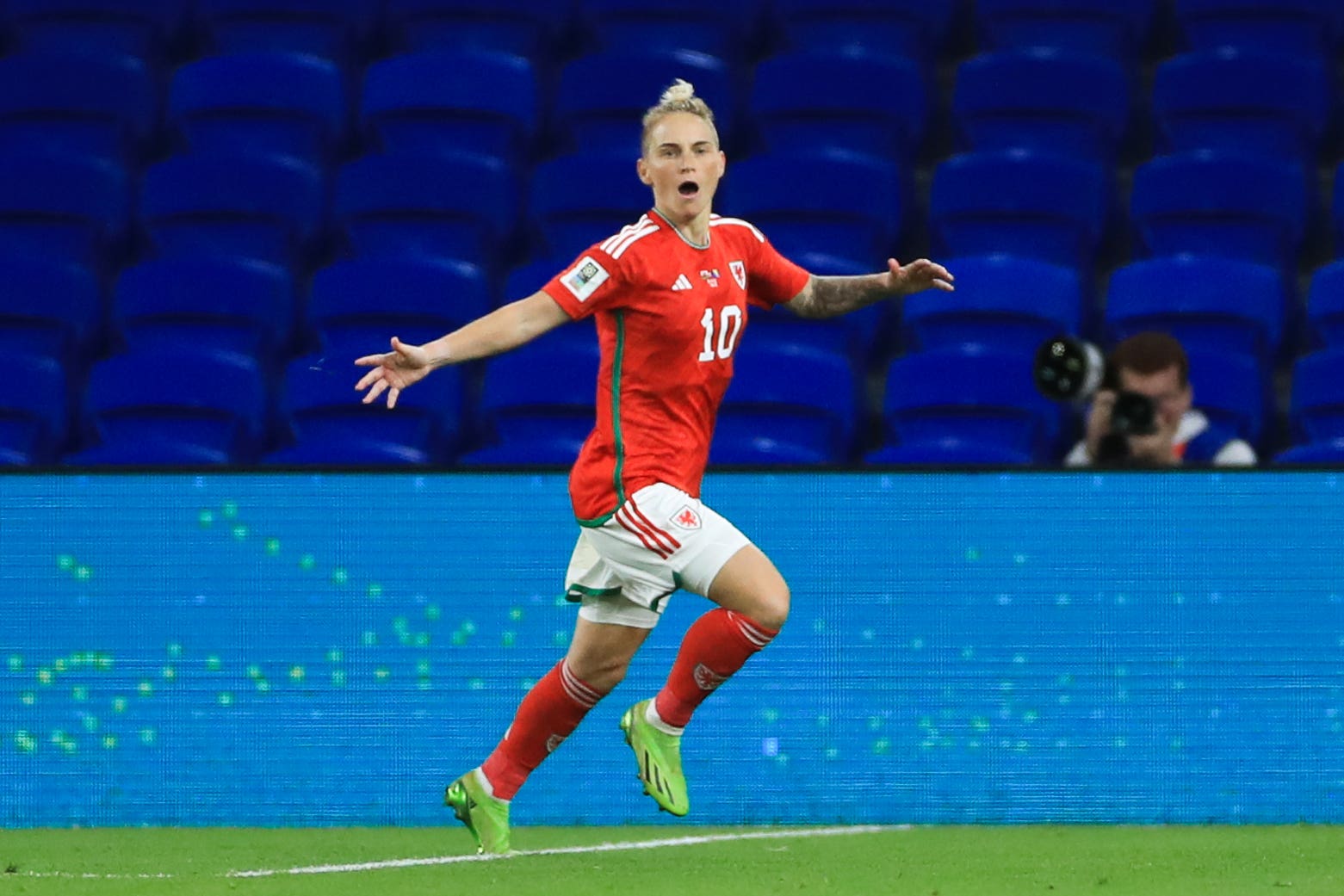 Jess Fishlock celebrates her match-winner for Wales in their World Cup play-off tie (Bradley Collyer/PA)