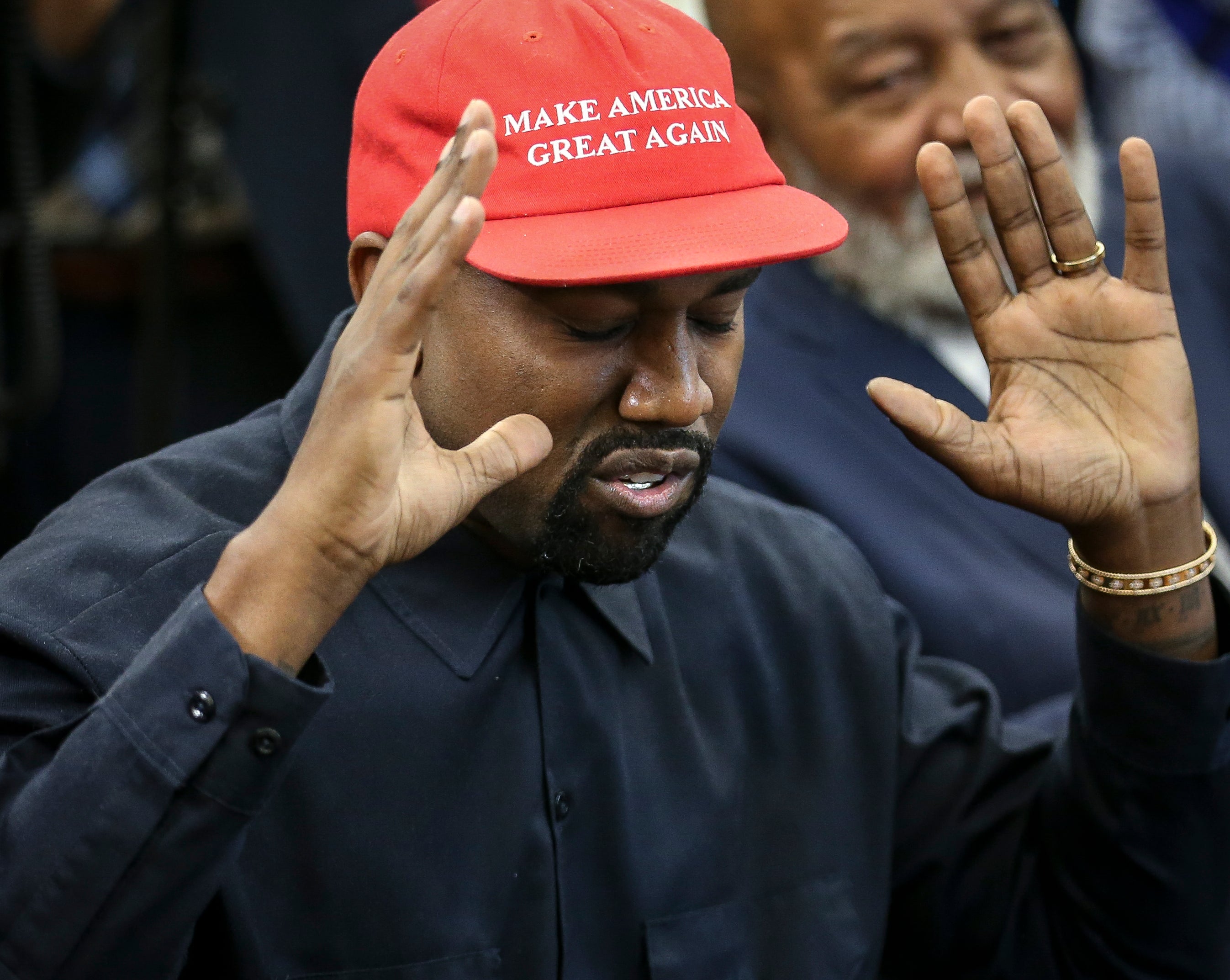 Rapper Kanye West speaks during a meeting with U.S. President Donald Trump in the Oval office of the White House on October 11, 2018 in Washington, DC