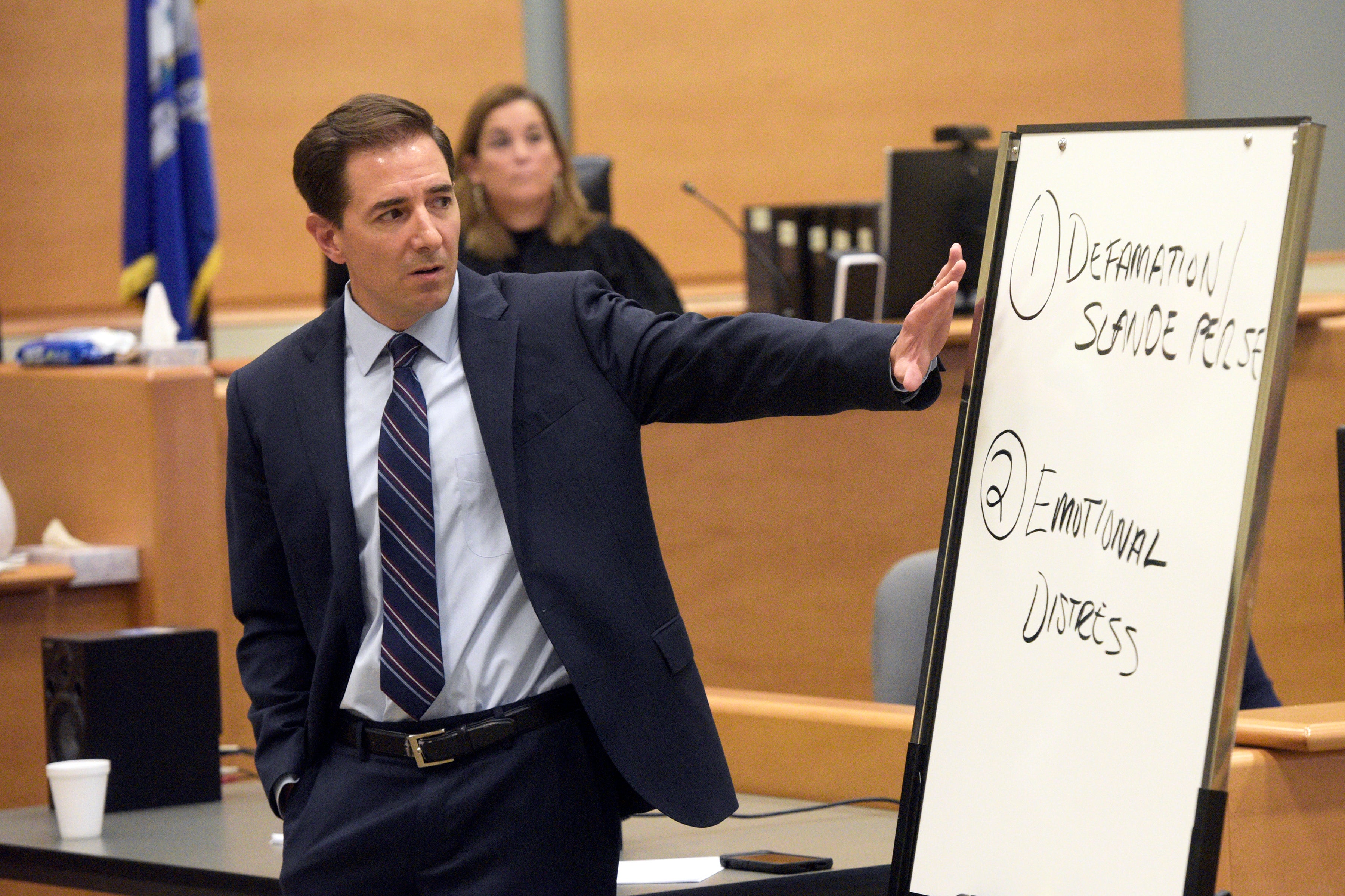 Attorney Chris Mattei points to a white board he had written on during closing statements in the Alex Jones Sandy Hook defamation trial