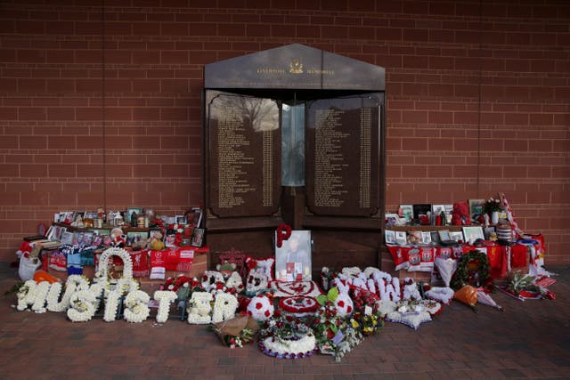 Floral tributes at the Hillsborough Memorial (Peter Byrne/PA)
