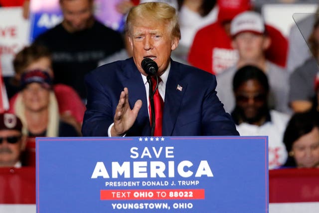 <p>FILE - Former President Donald Trump speaks at a campaign rally in Youngstown, Ohio., Sept. 17, 202</p>