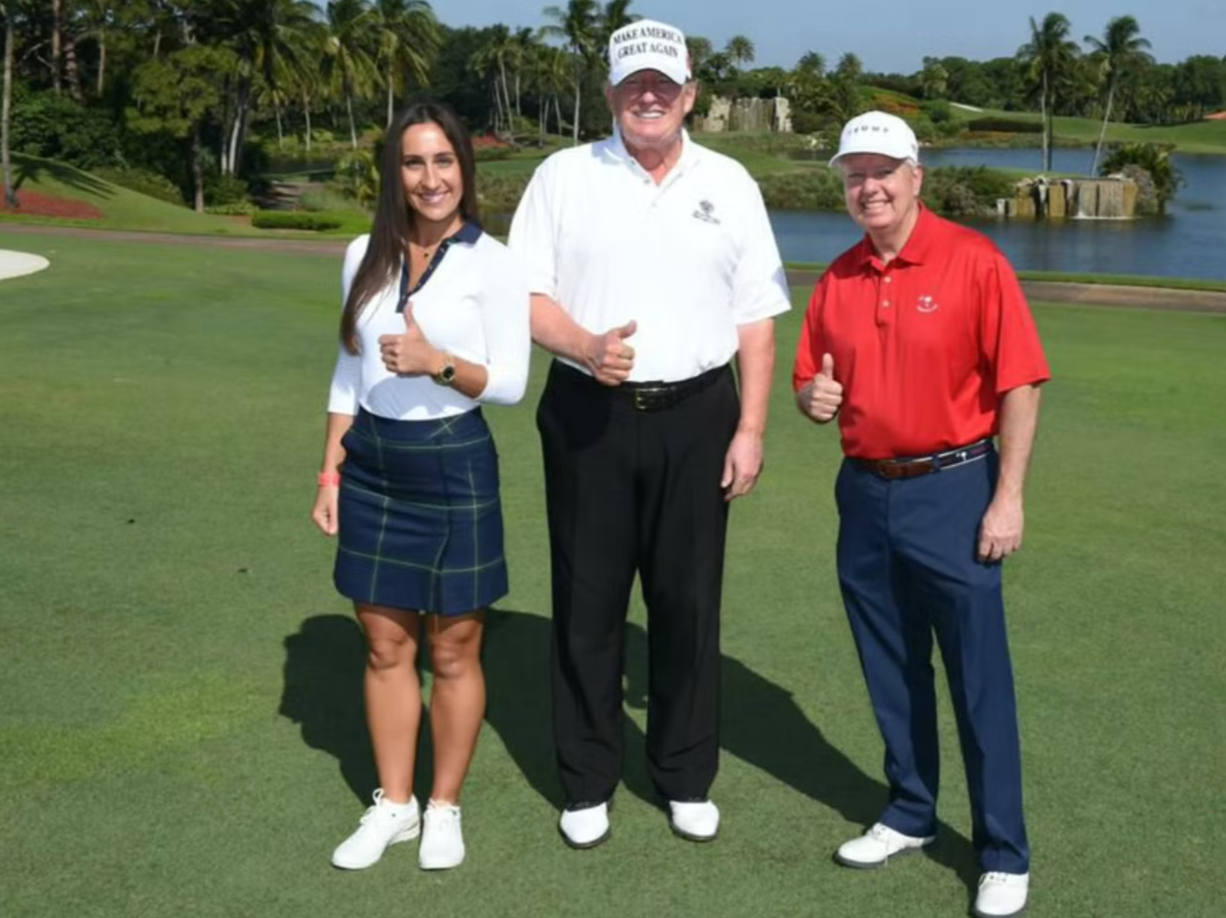 A woman going by the name ‘Anna de Rothschild’ — allegedly an alias used by Ukrainian-born Inna Yashchyshyn — posing with former President Donald Trump and Senator Lindsey Graham at Mar-a-Lago