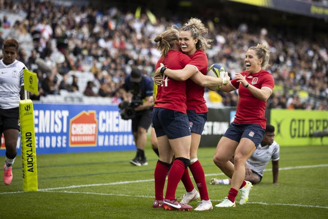 England’s Lydia Thompson celebrates a try during the Women’s Rugby World Cup 2021 match at Eden Park in Auckland, New Zealand. Picture date: Saturday October 8, 2022.