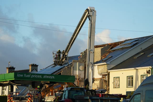 Emergency services continue their work at the scene of an explosion at Applegreen service station in the village of Creeslough in Co Donegal, where seven people have now been confirmed dead. Picture date: Saturday October 8, 2022.