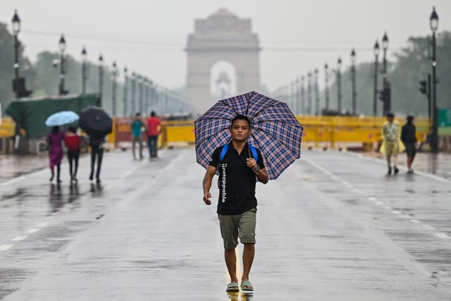 <p>A man holding an umbrella walks near India Gate during a downpour in New Delhi on 24 September</p>