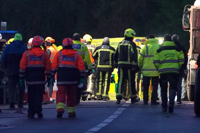 Emergency services continue their work at the scene of an explosion at Applegreen service station in the village of Creeslough in Co Donegal, where at least three people have died. Picture date: Saturday October 8, 2022 (Brian Lawless/PA)