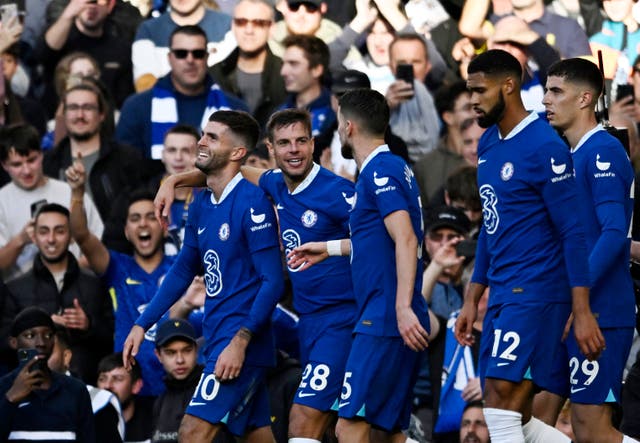 <p>Chelsea celebrate Pulisic’s second goal</p>