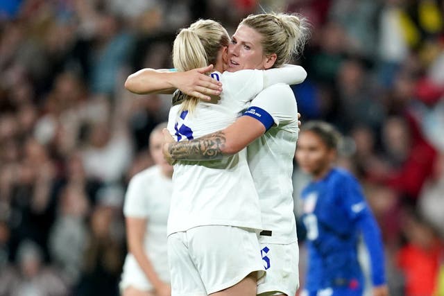Millie Bright, right, captained England in Friday’s victory over the United States (Nick Potts/PA).