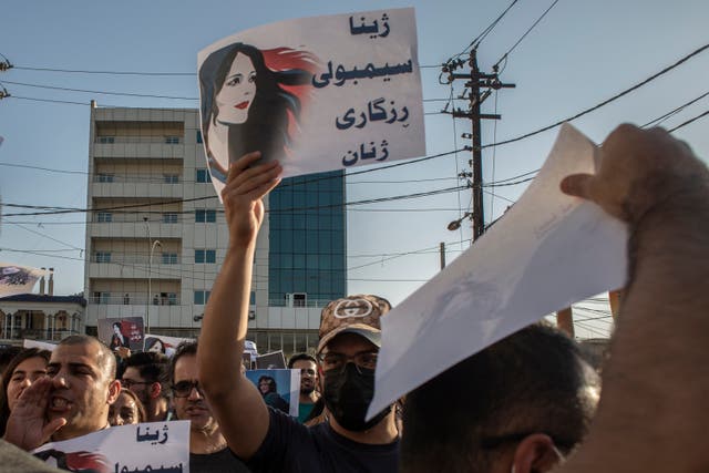 <p>Protesters gather in Sulaymaniyah on 28 September to protest the killing of Mahsa Amini</p>