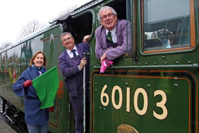 Daughter of man who saved the Flying Scotsman from scrap to visit the UK. Pictured with Swanage Railway volunteers.