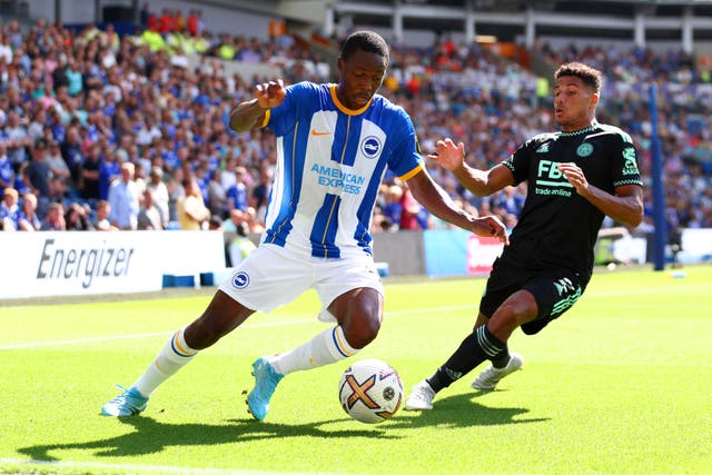 <p>Enock Mwepu of Brighton & Hove Albion is challenged by James Justin of Leicester City</p>