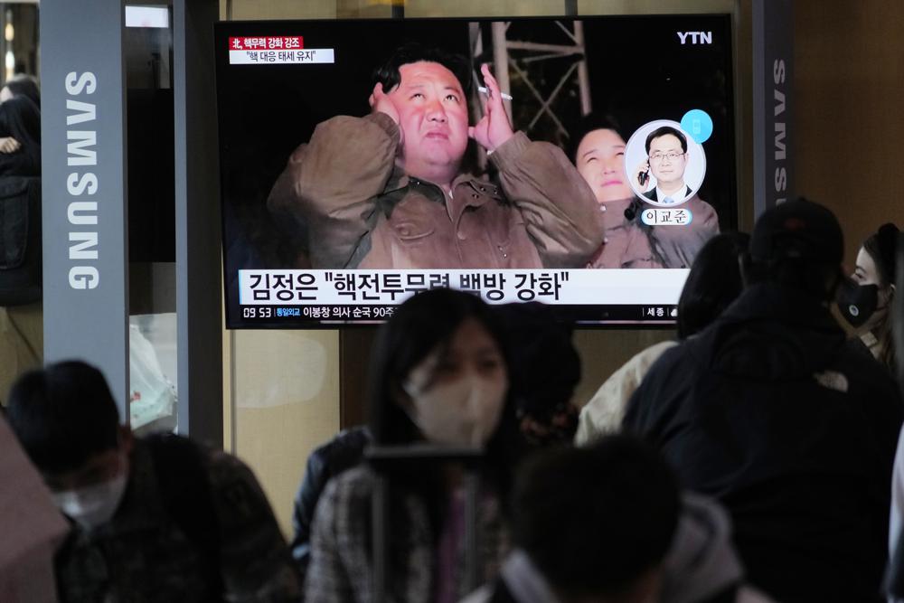 A TV screen at the Seoul Railway Station in Seoul, South Korea.
