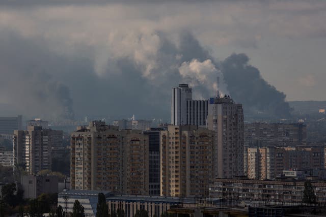 <p>Smoke rises over Kyiv after the missile strikes</p>