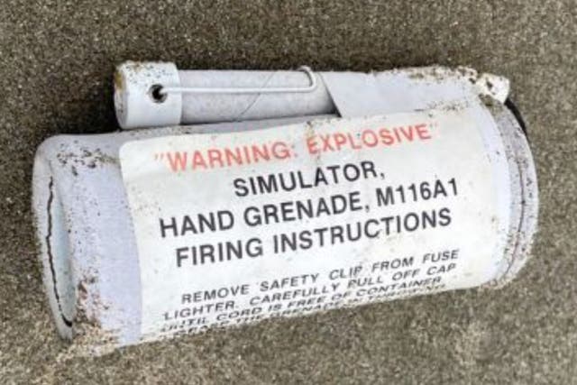<p>An M116A1 simulator hand grenade found on a beach in Oregon. The devices reproduce the flash and concussion of a hand grenade but are safe enough to be used in training by police and the military</p>