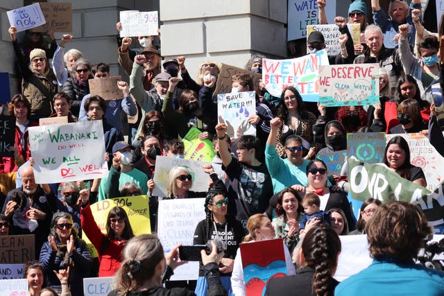 <p>Protesters backing tribal sovereignty laws gather at the State House in Augusta, Maine, in April 2022 </p>