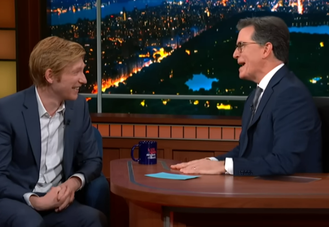 <p>Domhnall Gleeson and Stephen Colbert</p>