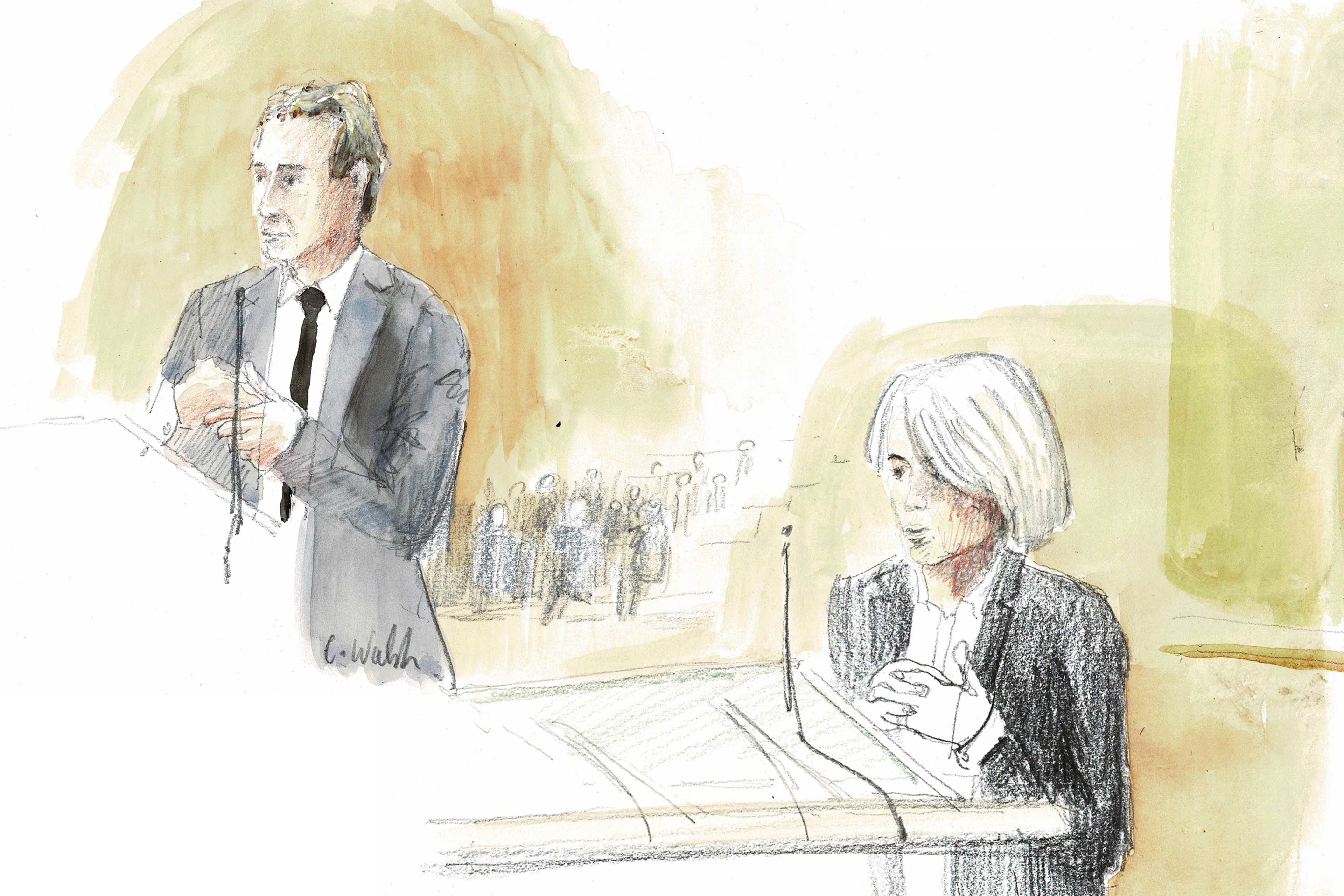 A courtroom sketch shows Air France CEO Anne Rigail, right, and Airbus CEO Guillaume Faury, left, during the first day of the trial of Airbus and Air France companies, at the Paris courthouse on 10 October