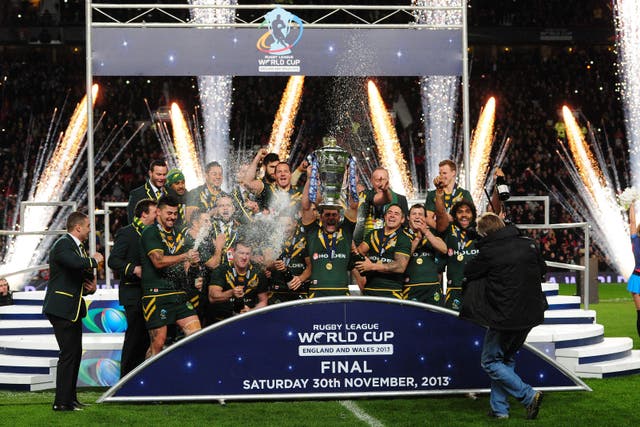Australia celebrate their victory in the 2013 World Cup final at Old Trafford (PA Images/Anna Gowthorpe)