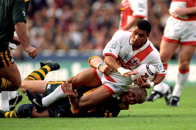 England winger Jason Robinson is brought down by Australia’s Geoff Toovey during the 1995 World Cup final at Wembley (Neil Munns/PA)