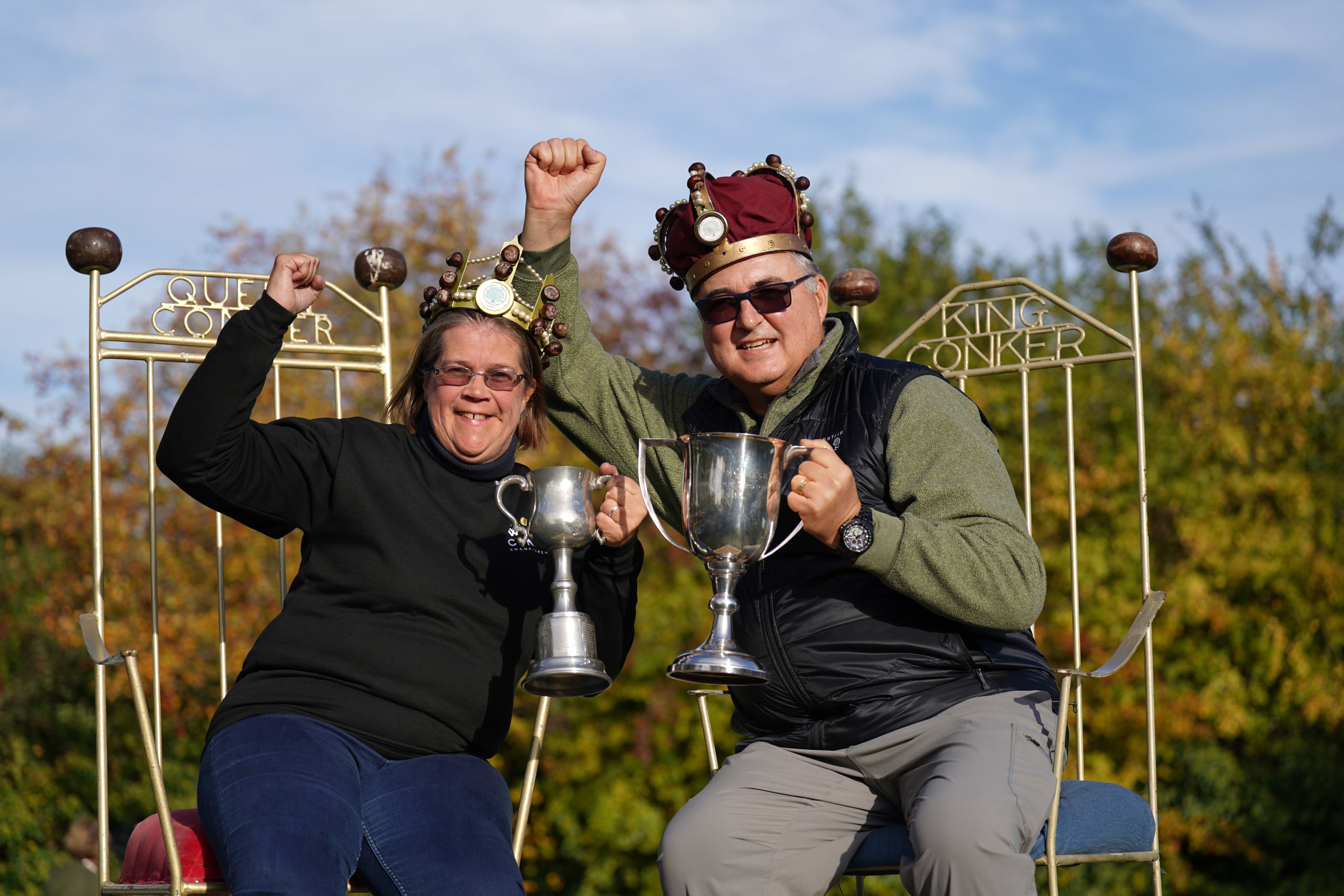Fee Aylmore (left) won the women’s World Conker Championship in Northamptonshire on Sunday