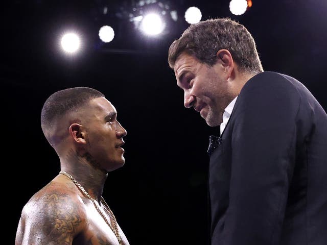 <p>Conor Benn (left) with promoter Eddie Hearn in April</p>