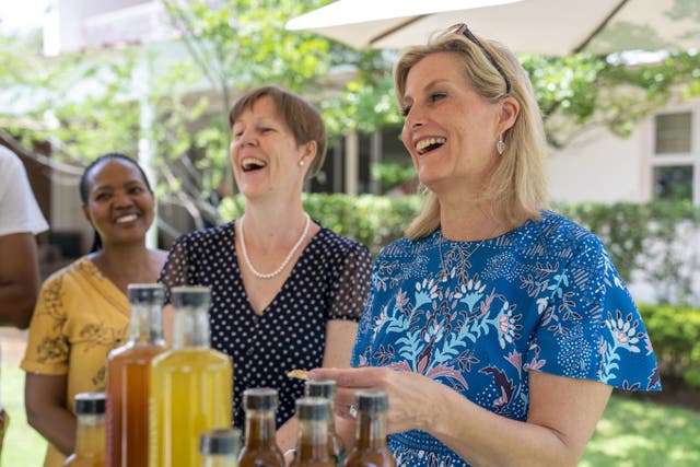The Countess of Wessex met local entrepreneurs in Botswana as she sampled treats and smelled beauty products (Jane Barlow/PA)