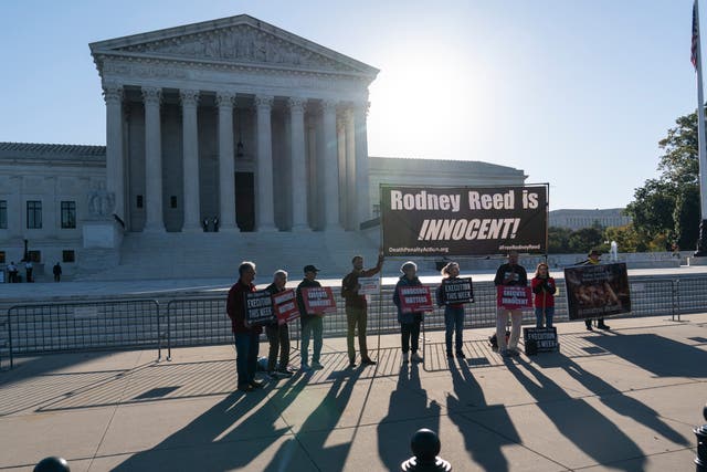 <p>Supporters of Texas death row prisoner Rodney Reed's gather for a prayer rally organized by Death Penalty Action, in front of the U.S. Supreme Court</p>