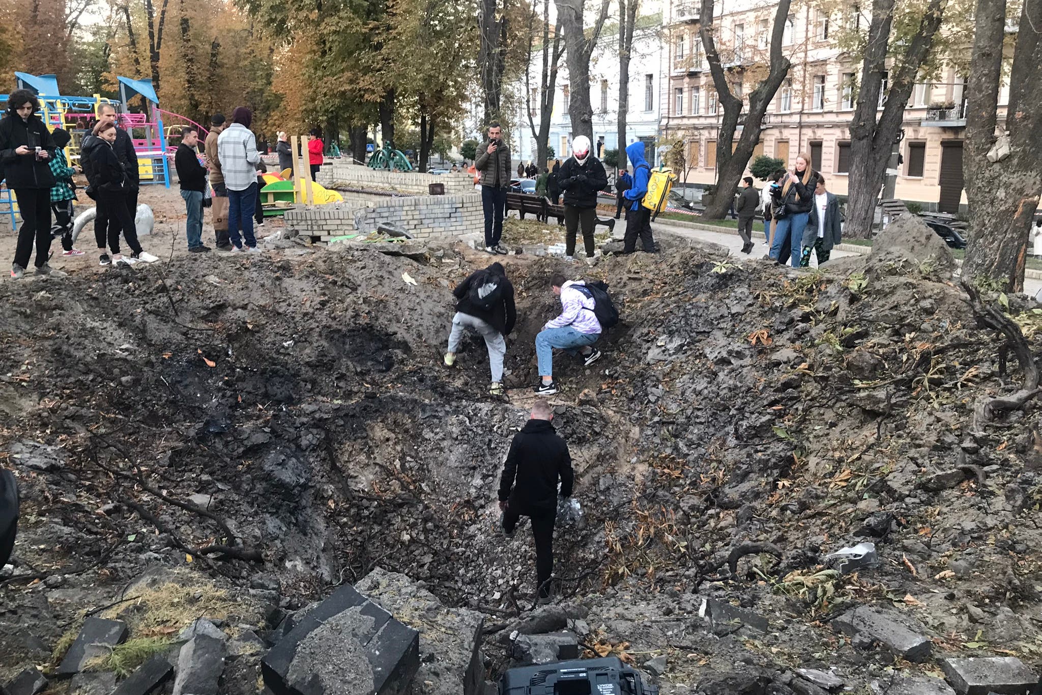 A crater in Shevchenko Park in Kyiv (James Canning-Cooke/PA)