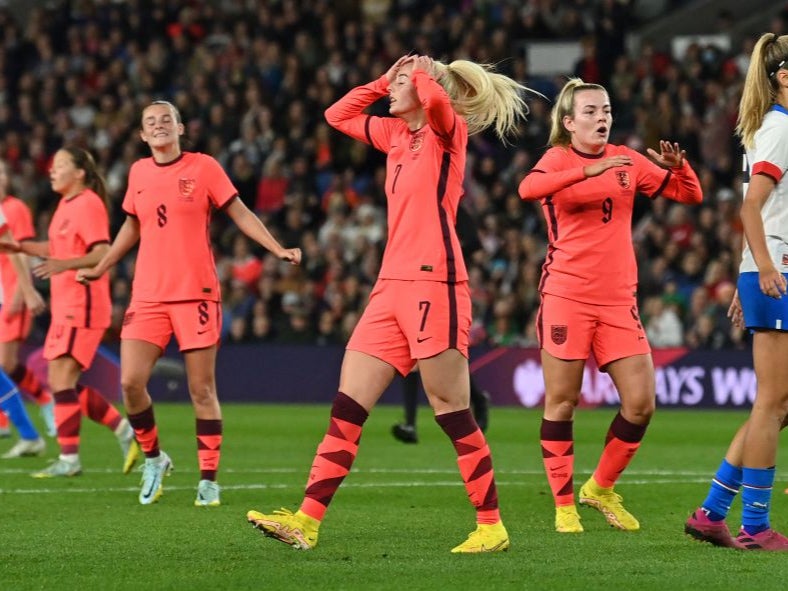 Chloe Kelly reacts after missing a chance but England remained unbeaten