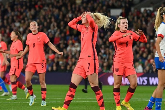 <p>Chloe Kelly reacts after missing a chance but England remained unbeaten </p>