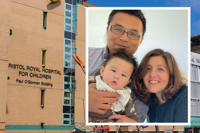The Bristol Royal Hospital for Children and, inset, Reuben Tanaka with his parents Atsushi and Eleanor (Mr Standfast/PA and handout/PA)