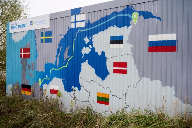 <p>A mural showing the route of Nord Stream 2 </p>