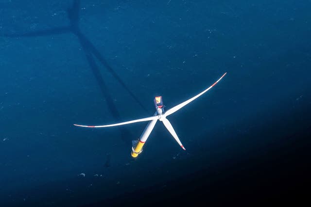 <p>An aerial photograph of a wind turbine in the Baltic Sea, north-east of Rugen Island in Germany on 16 June, 2022</p>