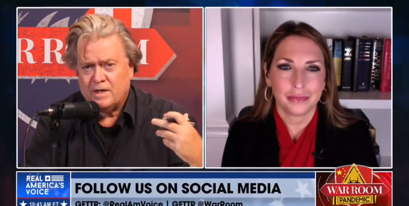 Steve Bannon claimed on his podcast while hosting RNC chairwoman Ronna McDaniel that the left has ‘dangerous rhetoric pointed at Republicans and MAGA’