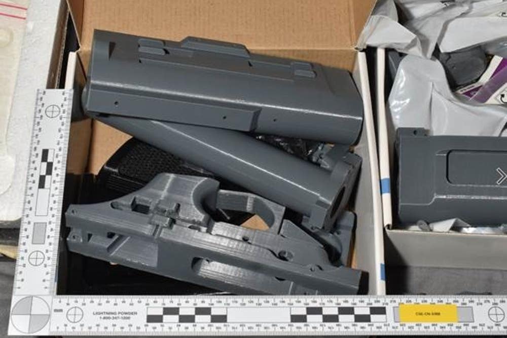 A box of firearms components made using a 3D printer. (Metropolitan Police/PA)