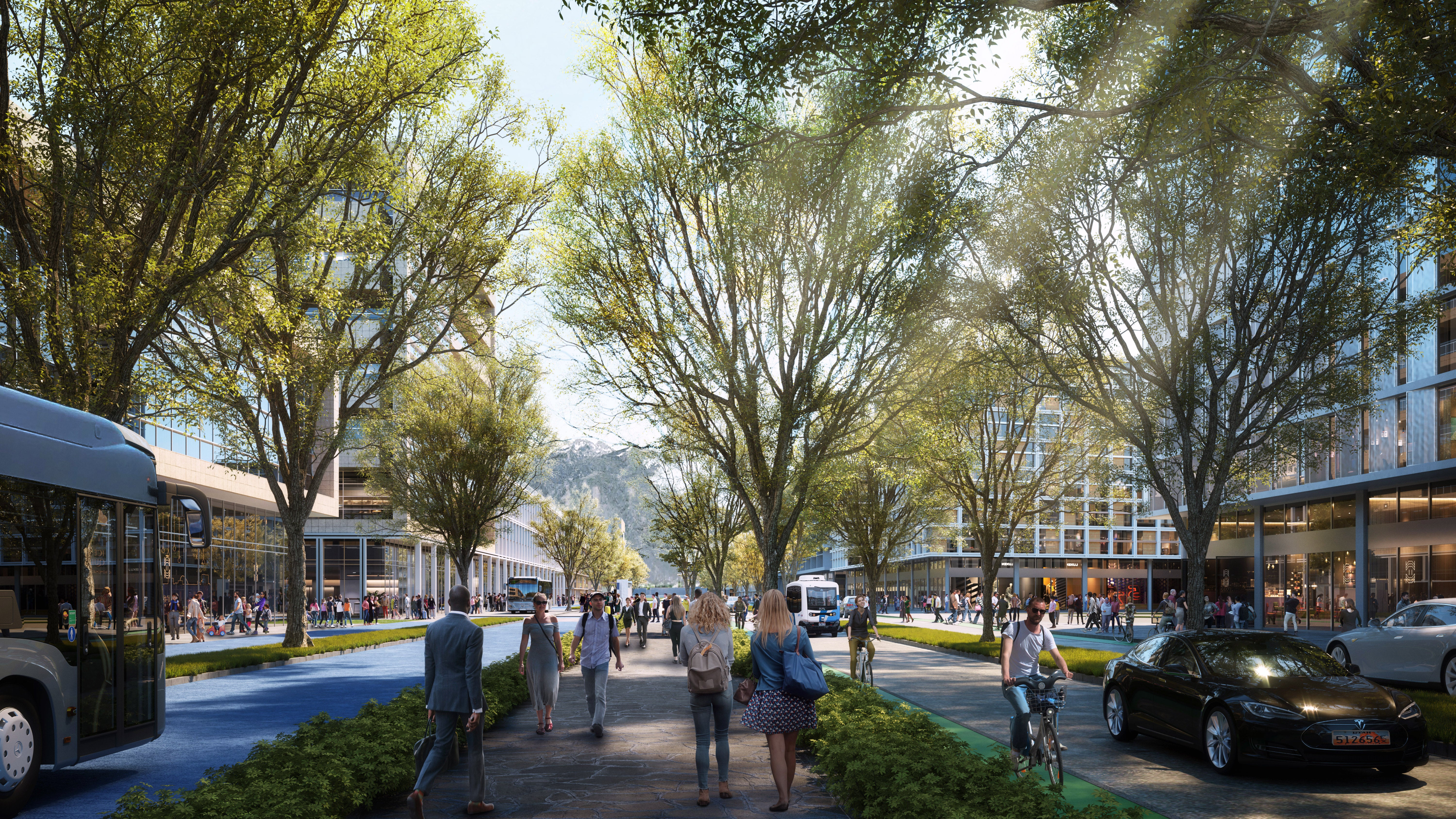 A rendering of a mixed-use street at The Point with cars, pedestrians, bikes and public transportation