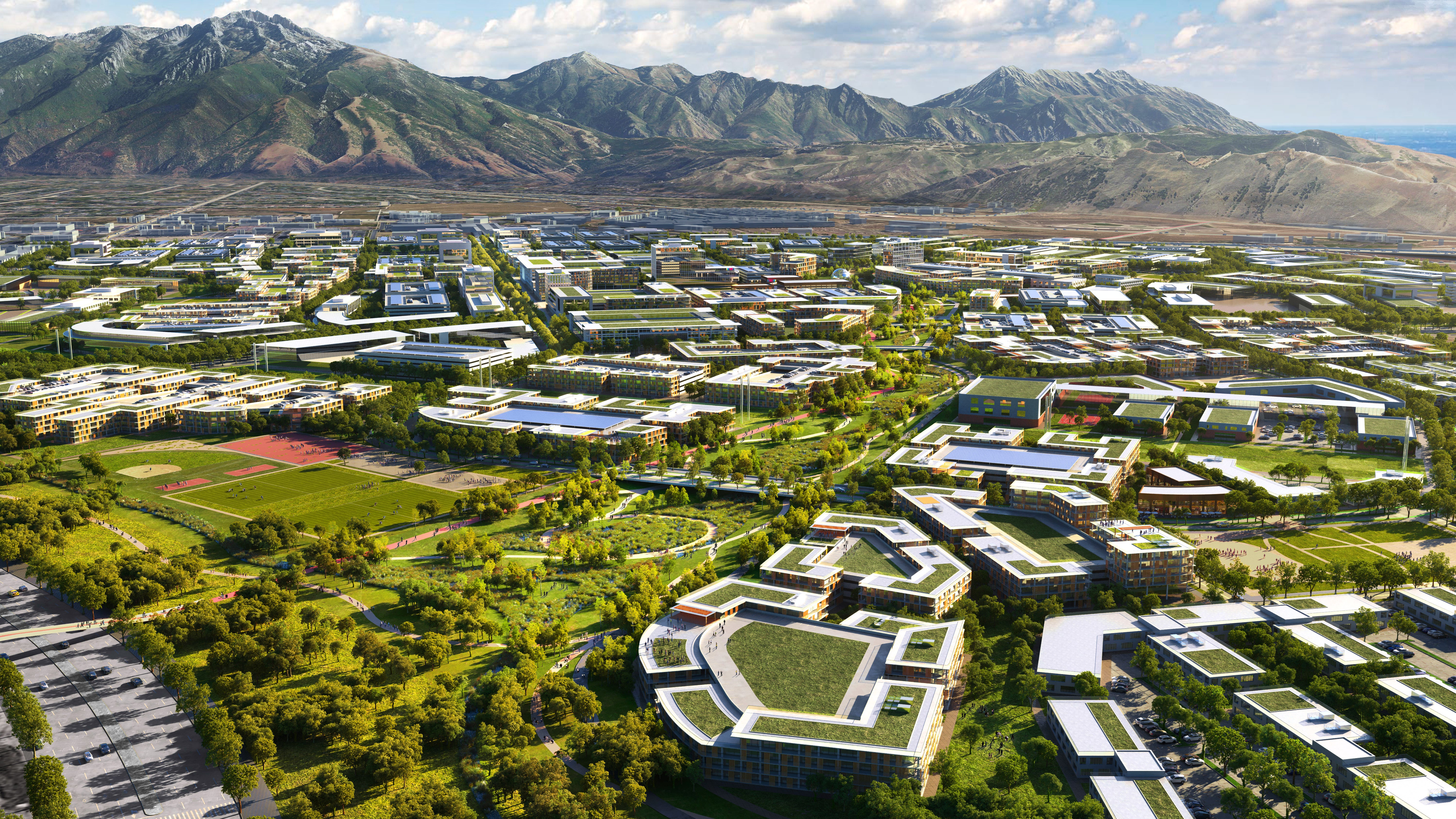 A rendering of the finished community against Utah’s mountainous landscape