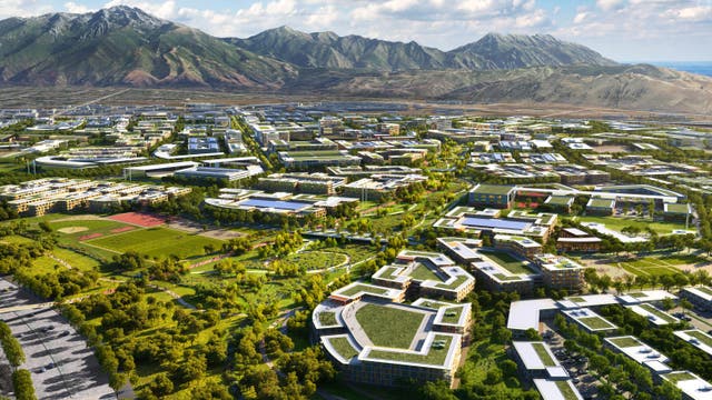 <p>A rendering of the finished community against Utah’s mountainous landscape</p>