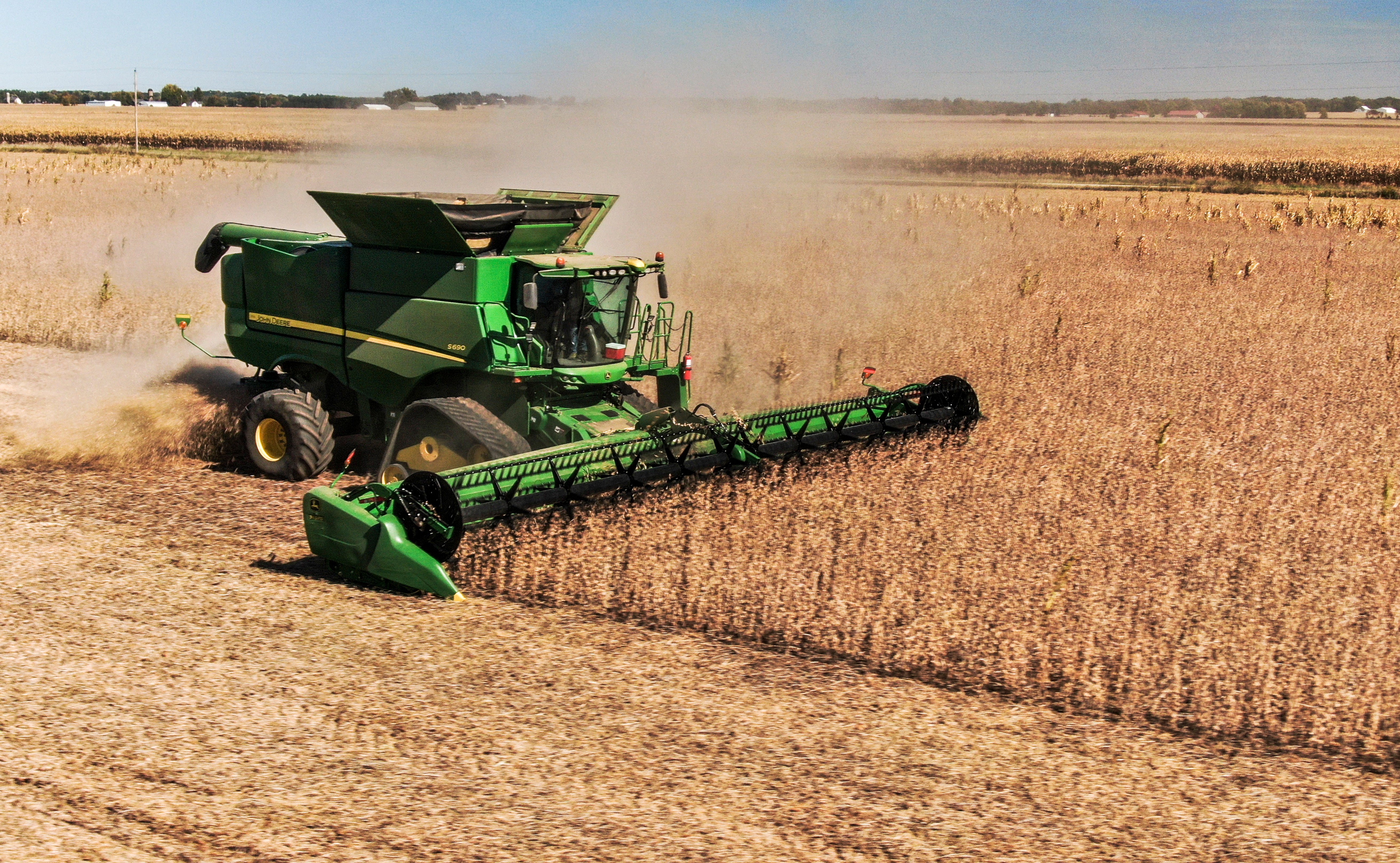 Soybeans being harvested in a field near Walworth, Wisconsin, USA, 08 October 2022