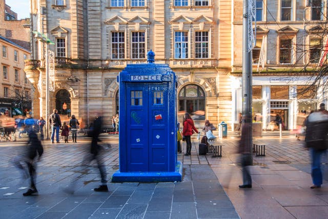 The blue police box on Glasgow’s Buchanan Street inspired Doctor Who’s Tardis (Alamy/PA)