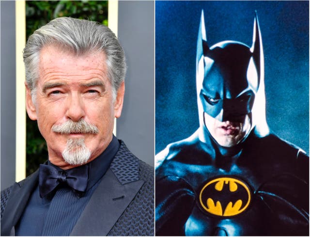 <p>(Left to right) Pierce Brosnan and Michael Keaton as Batman</p>