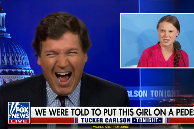 <p>Fox News host Tucker Carlson laughs while mocking Greta Thunberg and ridiculing poet Amanda Gorman </p>