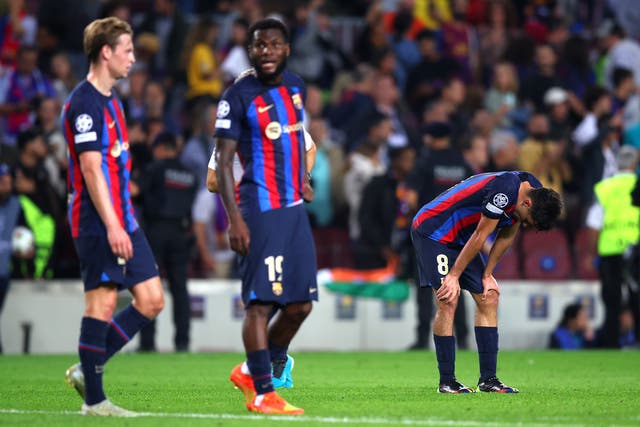 <p>Barcelona players react after the 3-3 draw with Inter</p>